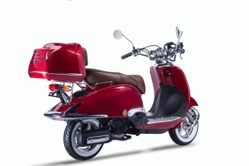 TECHNO CLASSIC 2.0 RETRO ROLLER 50ccm rot mit Topcase und brauner Sitzbank