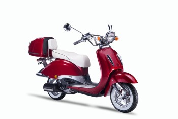 TECHNO CLASSIC 2.0 RETRO ROLLER 50ccm rot mit Topcase und weisser Sitzbank