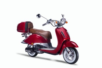 TECHNO CLASSIC 2.0 RETRO ROLLER 50ccm rot mit Topcase und brauner Sitzbank