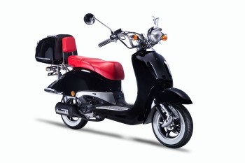 TECHNO CLASSIC 2.0 RETRO ROLLER 50ccm schwarz mit Topcase und roter Sitzbank