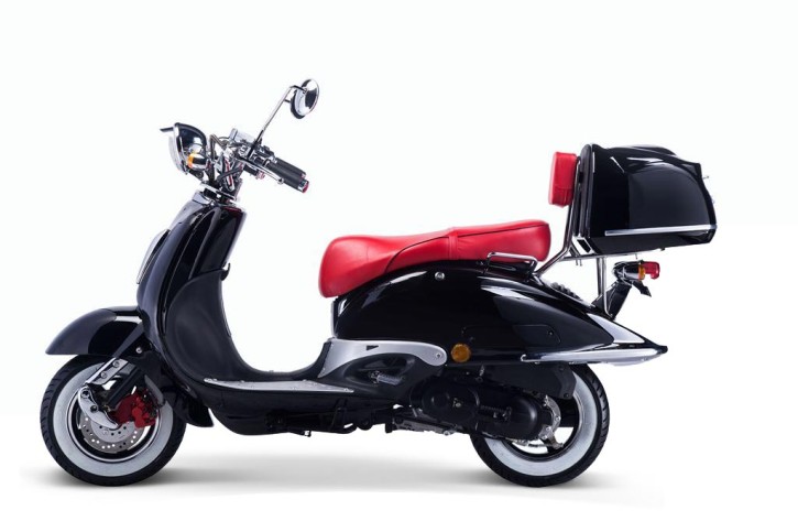 TECHNO CLASSIC 2.0 RETRO ROLLER 50ccm schwarz mit Topcase und roter Sitzbank