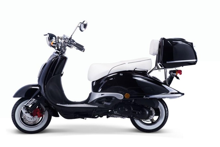 TECHNO CLASSIC 2.0 RETRO ROLLER 50ccm schwarz mit Topcase und weisser Sitzbank